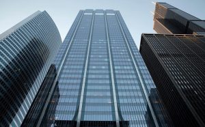 Upward view of tall office building