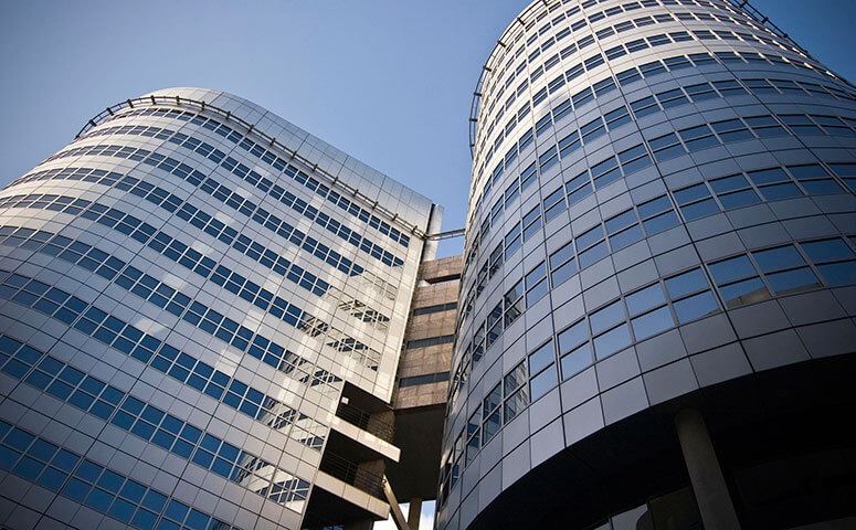 Upward view of circular office building