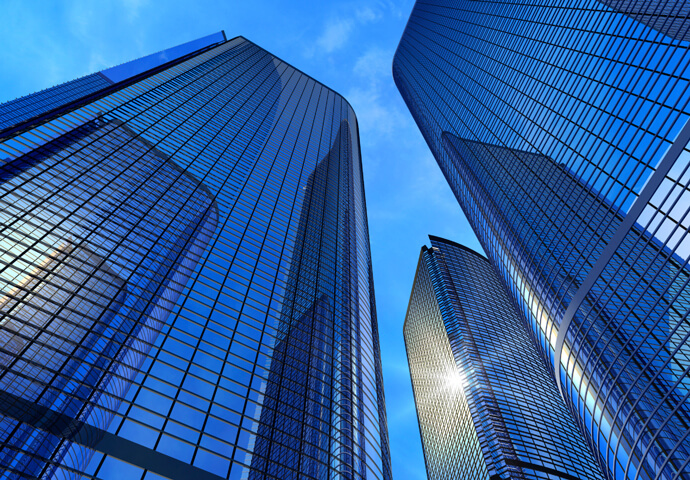 Upward view of tall skyscrapers